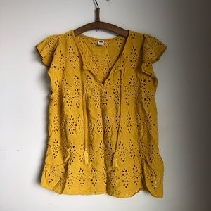 medium mustard flutter sleeve top with embroidery